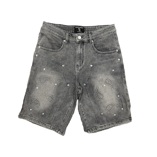 Mixed Emotion Paisley Denim Shorts Washed Black